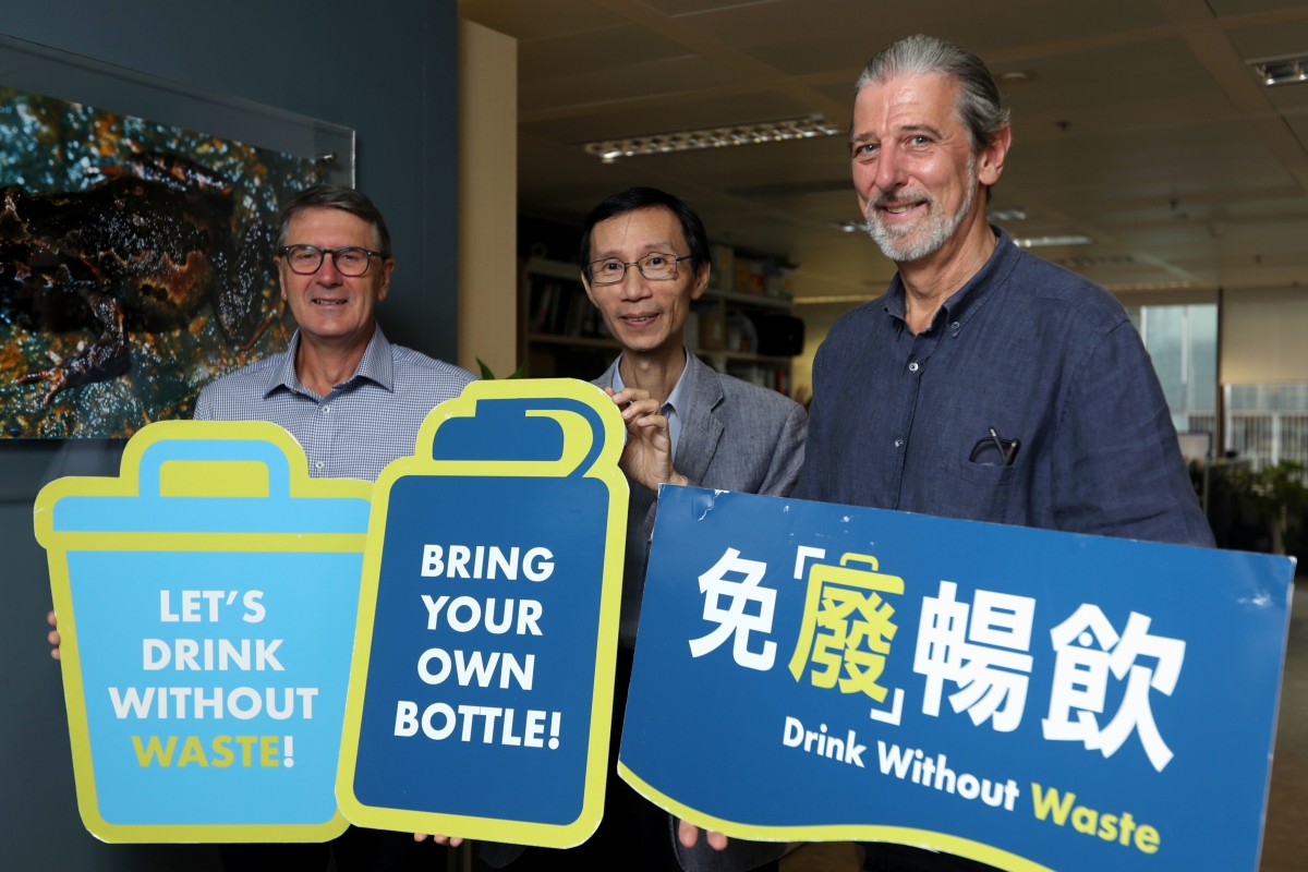 (L-R) Jeff Maguire, Group Head of CDS Implementation and Packaging Sustainability at Coca-Cola Amatil; Edwin Lau Che-feng, Founder and Executive Director of The Green Earth; and Paul Zimmerman, Chairman of Drink Without Waste, pictured at a media briefing on plastic bottle recycling in Central. Photo: SCMP / Xiaomei Chen