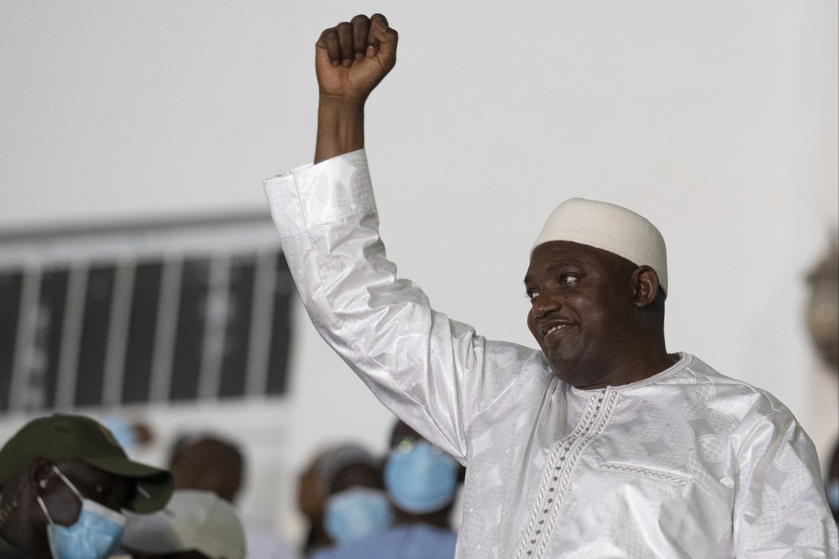 Gambian President Adama Barrow celebrates after winning the presidential election in Banjul. Photo: AP