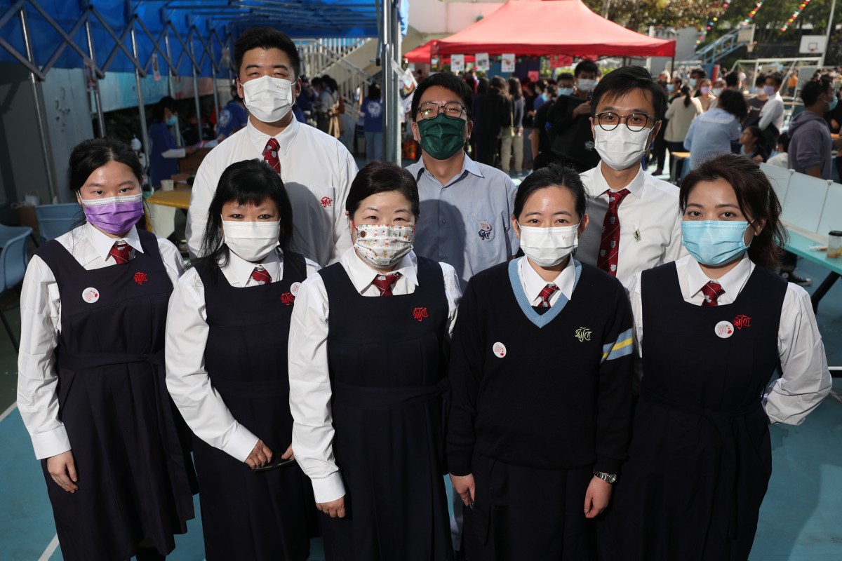 Faculty of Shung Tak Catholic English College dress up in student uniforms. Photo: Xiaomei Chen