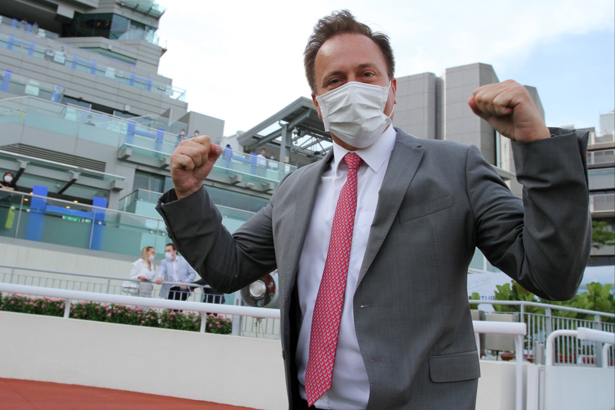 Caspar Fownes celebrates after Sky Field’s win in the Group Three Premier Cup. Photo:SCMP / Kenneth Chan.