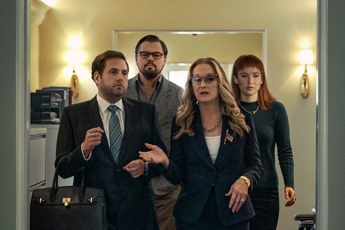 Don’t Look Up stars Jonah Hill (from left), Leonardo DiCaprio, Meryl Streep and Jennifer Lawrence in a film that discusses everything from the climate crisis to social media. Photo: Netflix