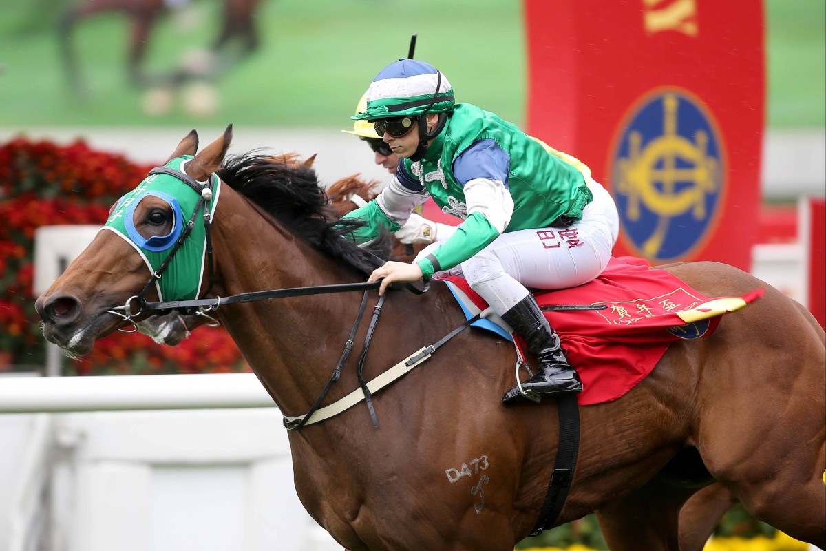 Cheerful Days, ridden by Alexis Badel, wins the Chinese New Year Cup at Sha Tin. Photo: HKJC