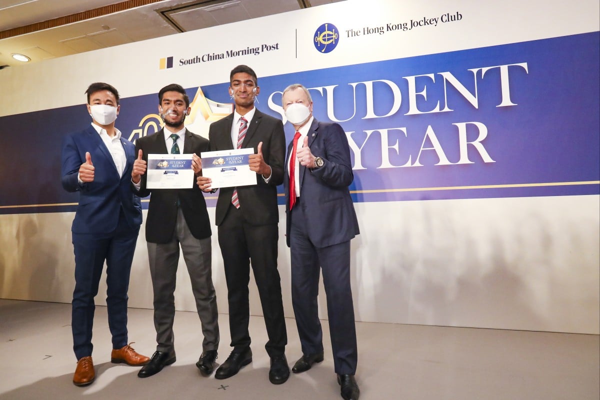 (L to R) Chief Executive Officer of SCMP Gary Liu; Student of the Year Grand Prize 2nd Runner-up Fahim Hossain; 1st Runner-up Aditya Shrisankaraan and Chief Executive Officer of the Hong Kong Jockey Club, Winfried Engelbrecht-Bresges, pose for a picture at the 40th Anniversary of the Student of the Year Awards. Photo: Edmond So