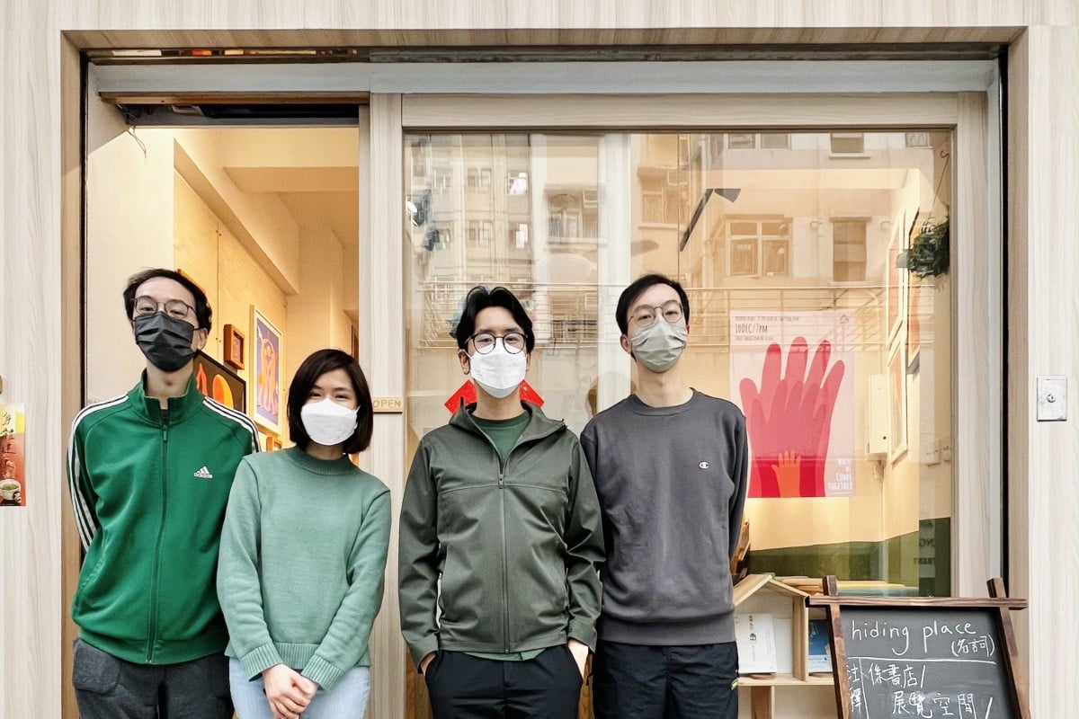 Michael (from left), Joanne, Kenneth and Gabriel* love sharing their favourite books with people who visit their shop in Sai Wan, called Hiding Place. Photo: Handout