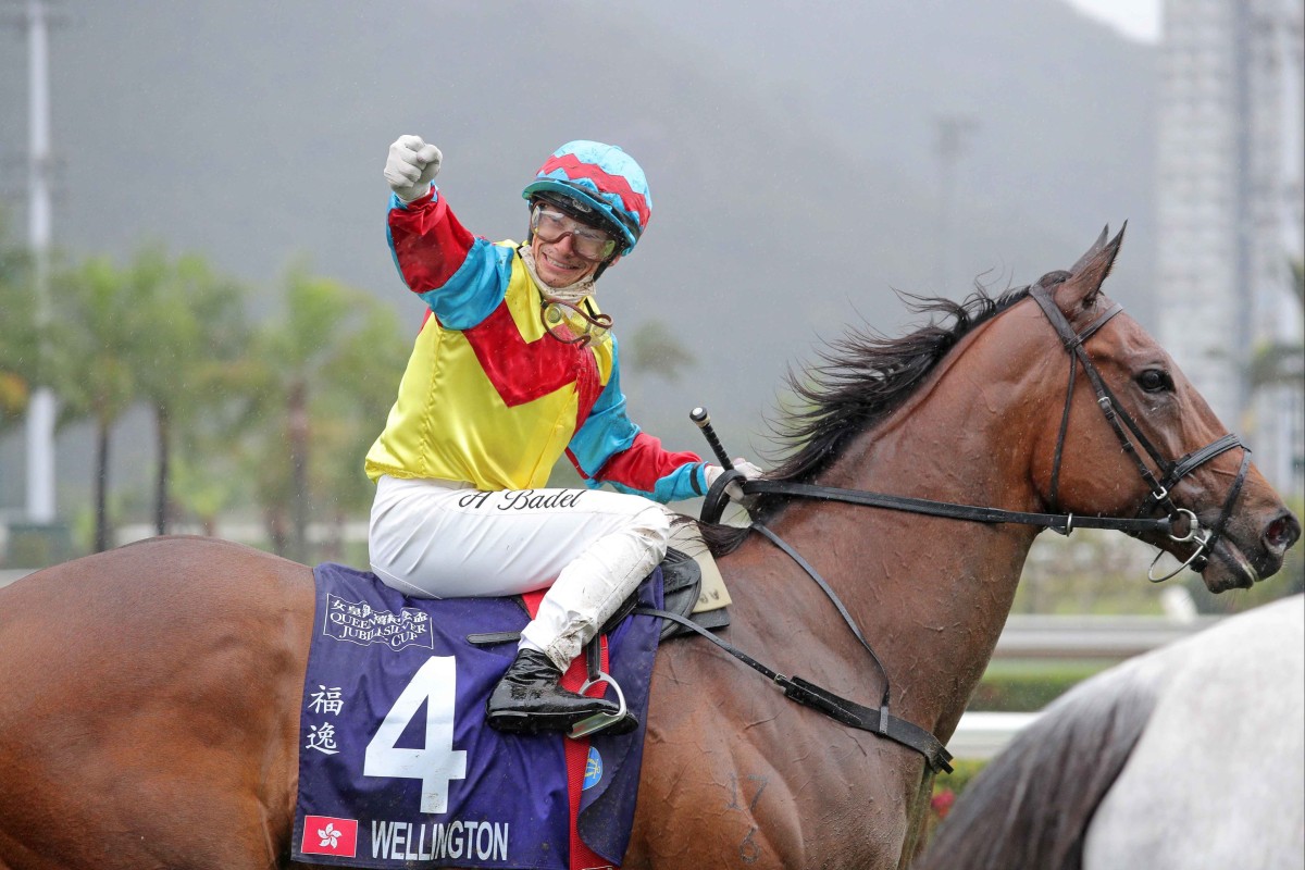 Alexis Badel celebrates his Group One win aboard Wellington in the Queen’s Silver Jubilee Cup at Sha Tin. Photo: HKJC