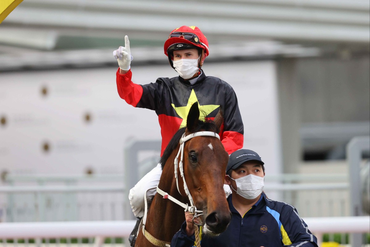 Luke Ferraris celebrates the win of Majestic Victory at Sha Tin. Photo: HKJC