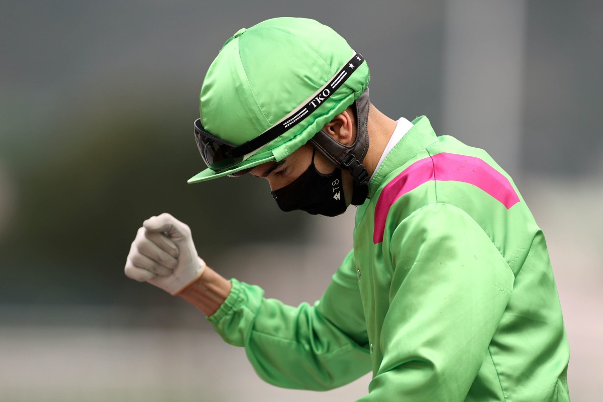 Joao Moreira celebrates one of his 74 winners so far this season. Photo: HKJC