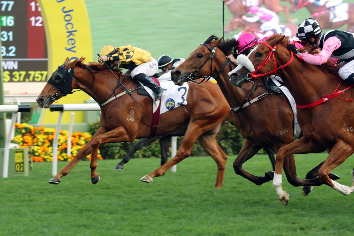 Flying Ace (left) just holds of Rock Ya Heart (centre) and Beauty Mission to extend his unbeaten record to four. Photo: HKJC