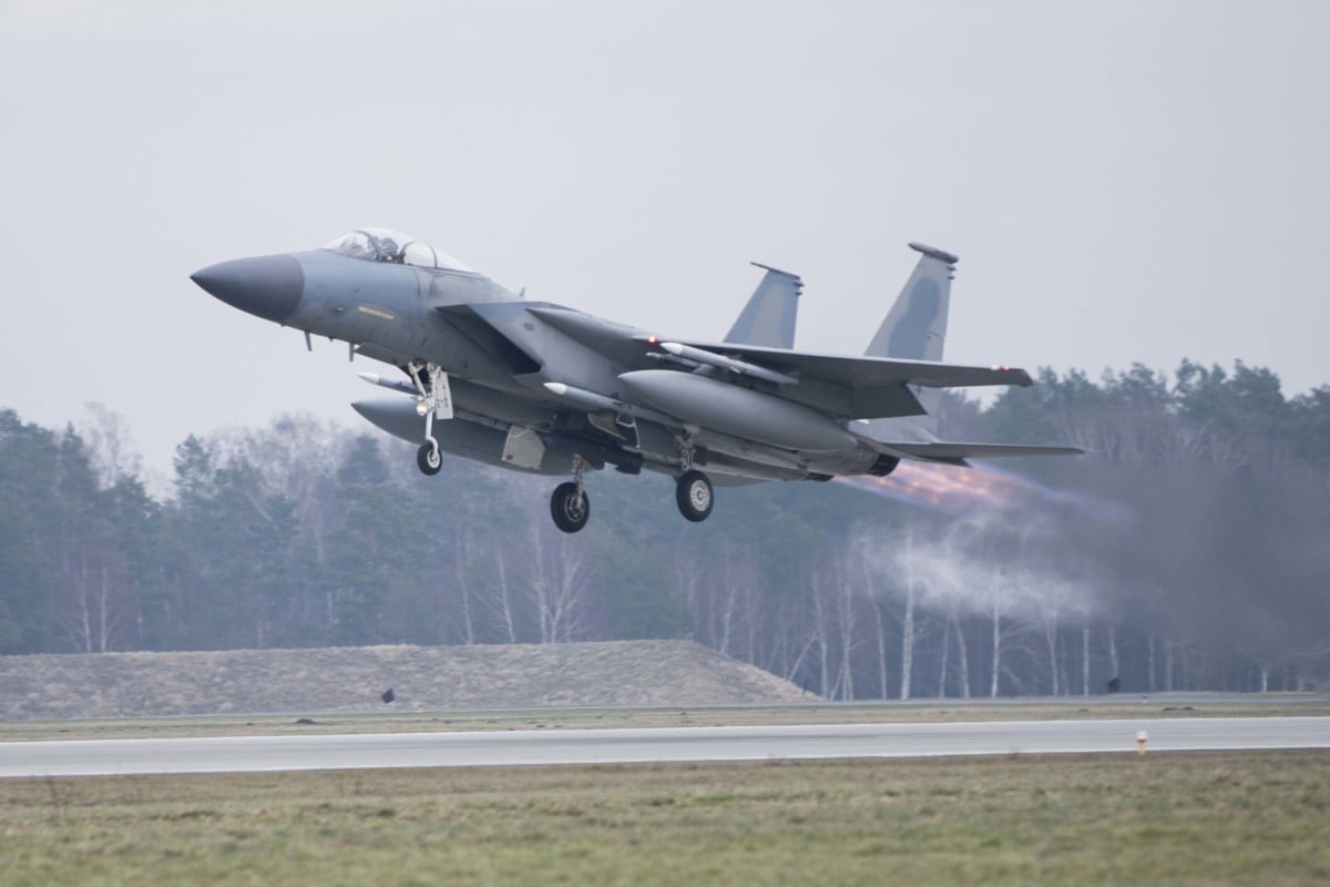 In this image provided by the US Air Force, a US Air Force F-15C Eagle takes off in support of Nato air policing missions with the Polish Air Force at Lask Air Base, Poland in February. Photo: AP
