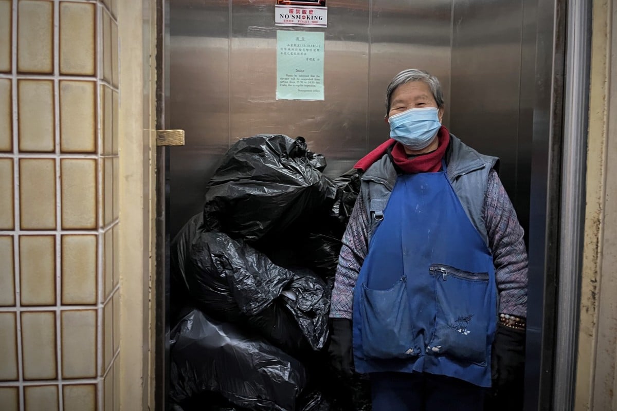 Gwai, 80, cleans two residential buildings in Sai Wan. Photo: Kelly Fung