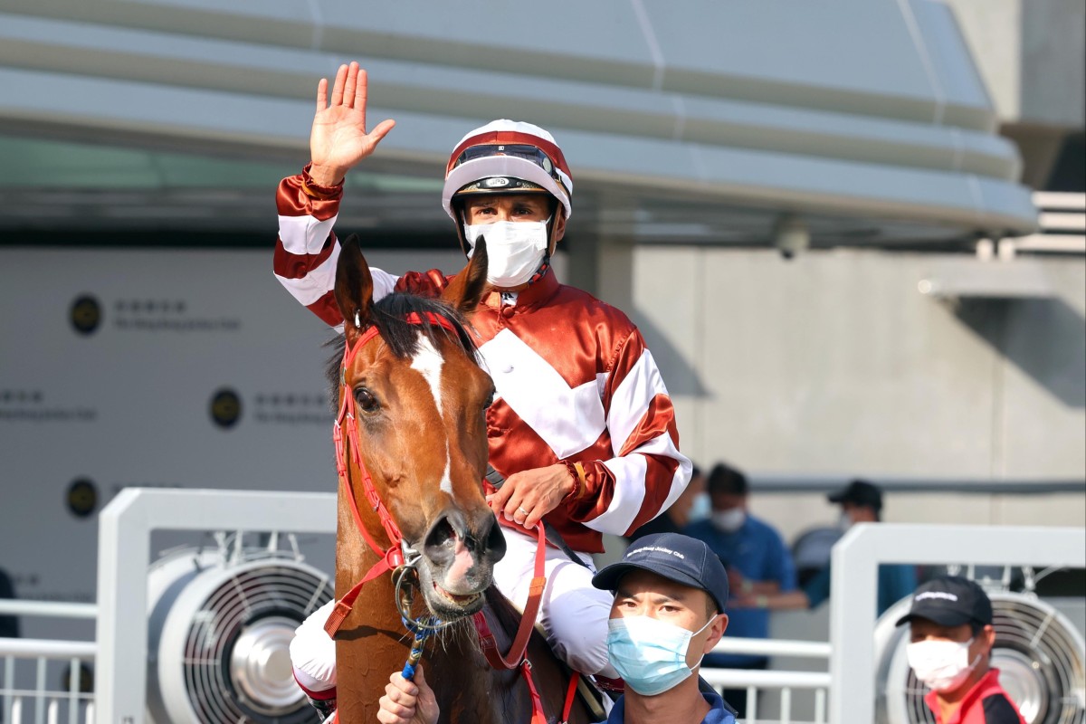 Karis Teetan celebrates after winning aboard Sight Success at Sha Tin. Photo: HKJC