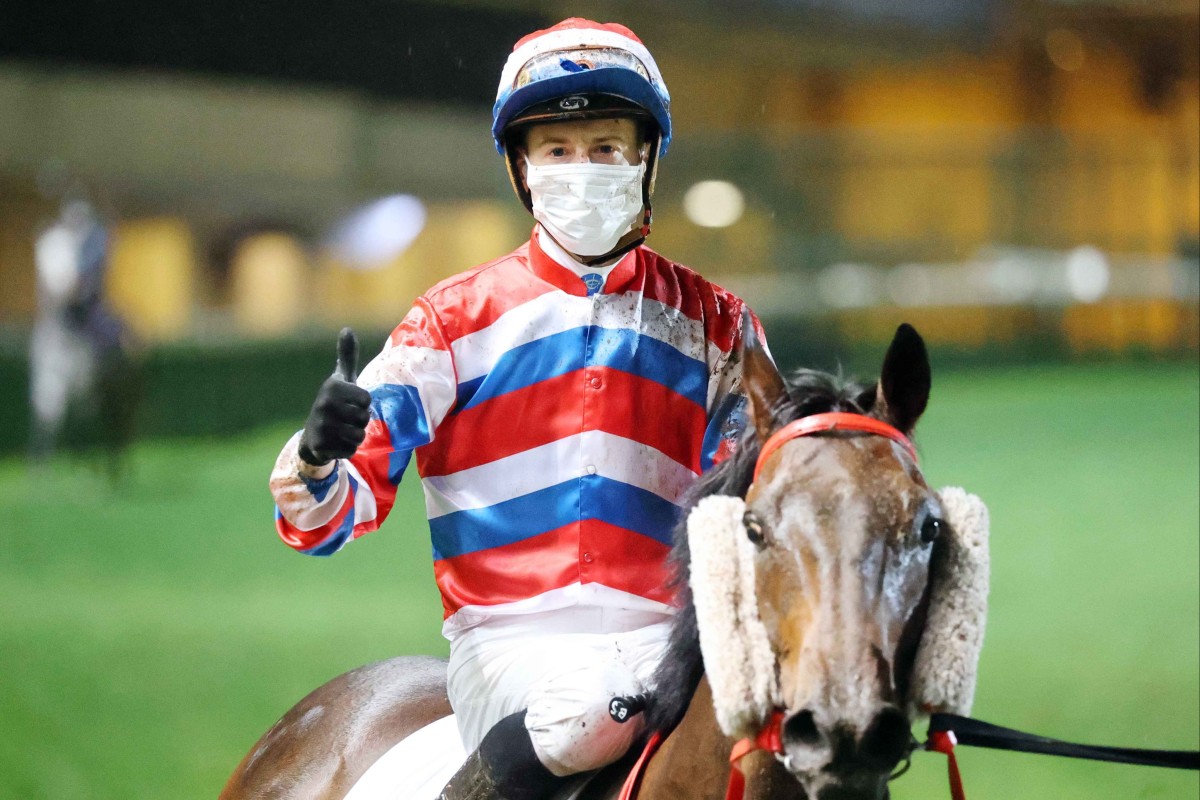 Blake Shinn celebrates the win of Triple Triple at Happy Valley on Wednesday. Photo: HKJC.