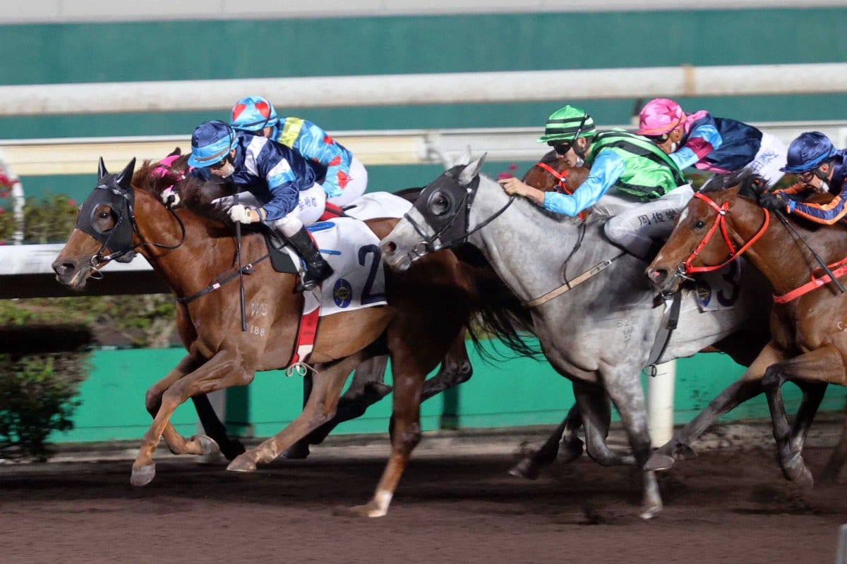 Duke Wai comes out on top in a tight finish to the Class One at Sha Tin. Photo: HKJC