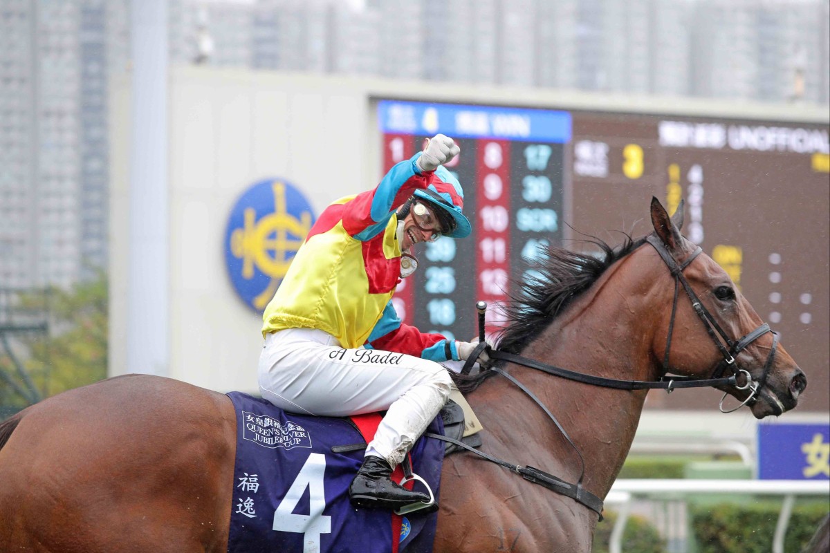 Alexis Badel celebrates winning the Queen’s Silver Jubilee Cup aboard Wellington. Photo: HKJC