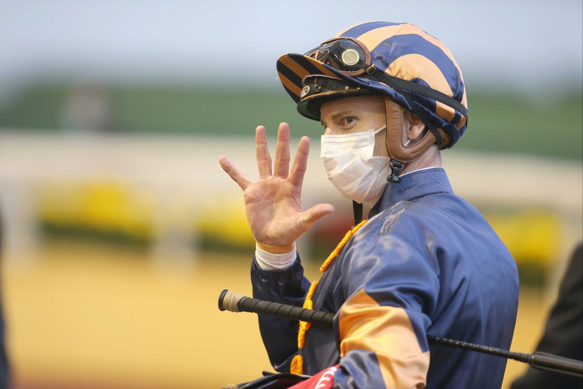 Zac Purton celebrates a recent five-timer. Photos: HKJC