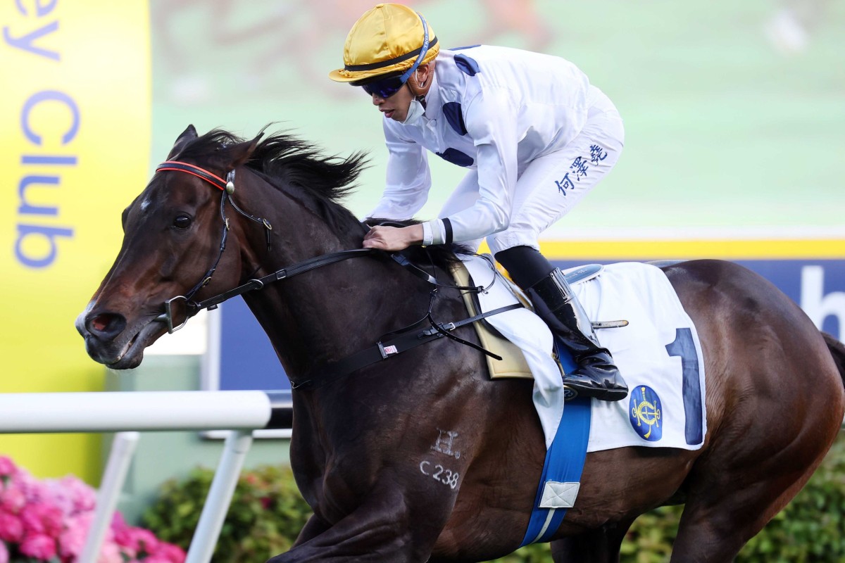 Vincent Ho and Golden Sixty coast to victory at Sha Tin on Sunday. Photo: HKJC