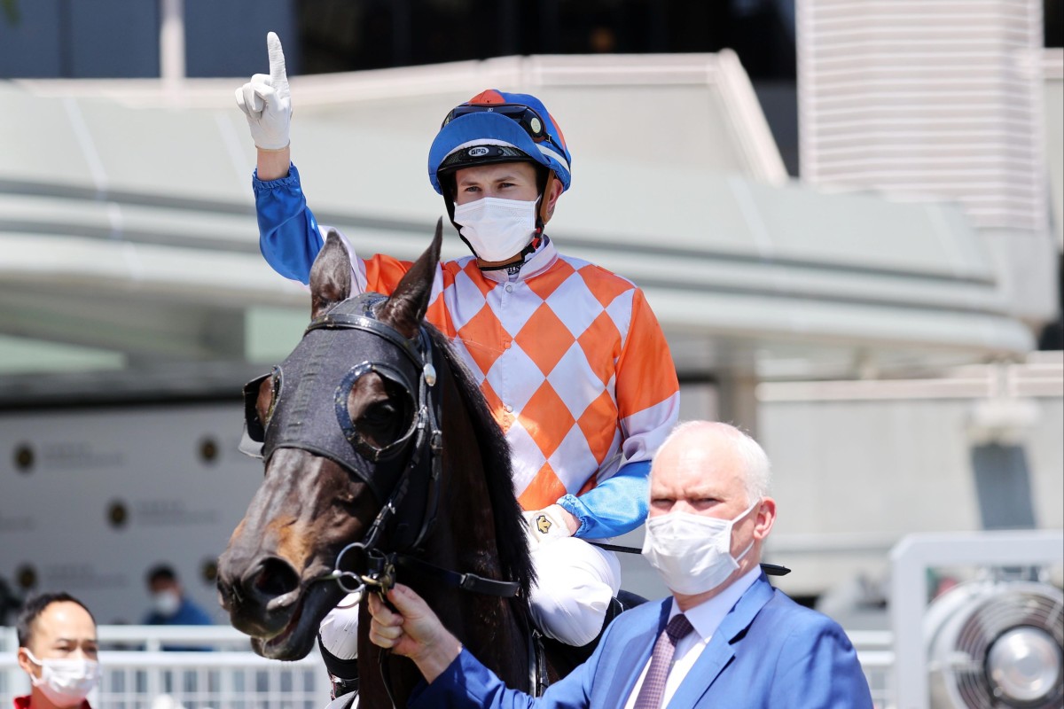 Luke Ferraris celebrates his win on Kung Fu Tea at Sha Tin. Photo: HKJC 