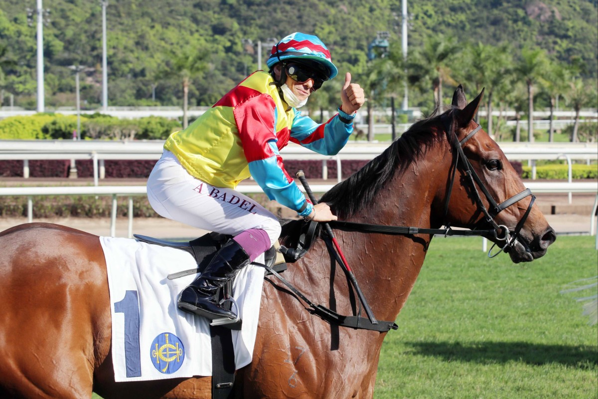 Alexis Badel celebrates the Group Two Sprint Cup win aboard Wellington. Photo: HKJC