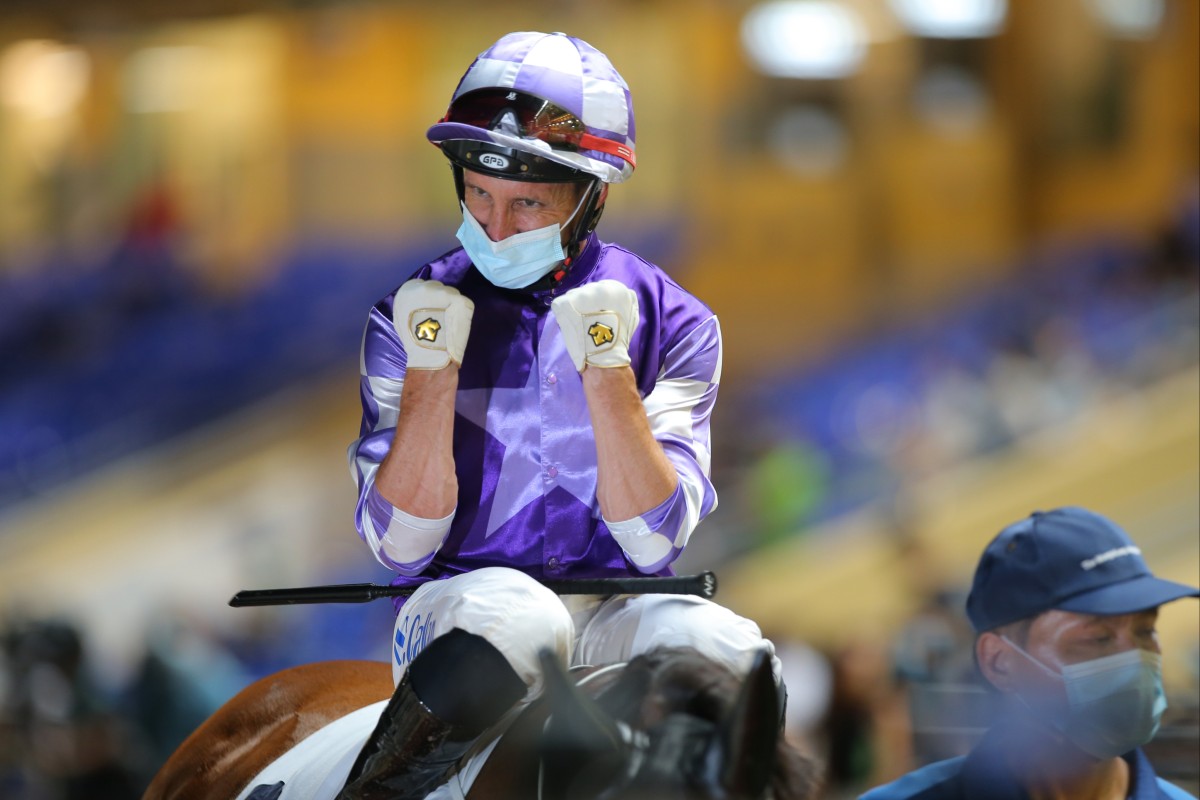 Neil Callan celebrates his last win in Hong Kong on Helene Wisdom Star. Photo: Kenneth Chan