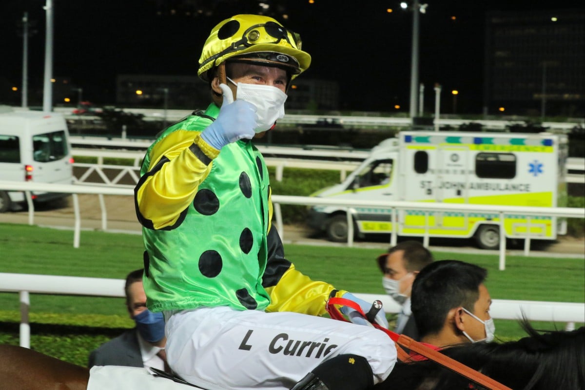 Luke Currie celebrates his first winner since returning from injury. Photos: Kenneth Chan