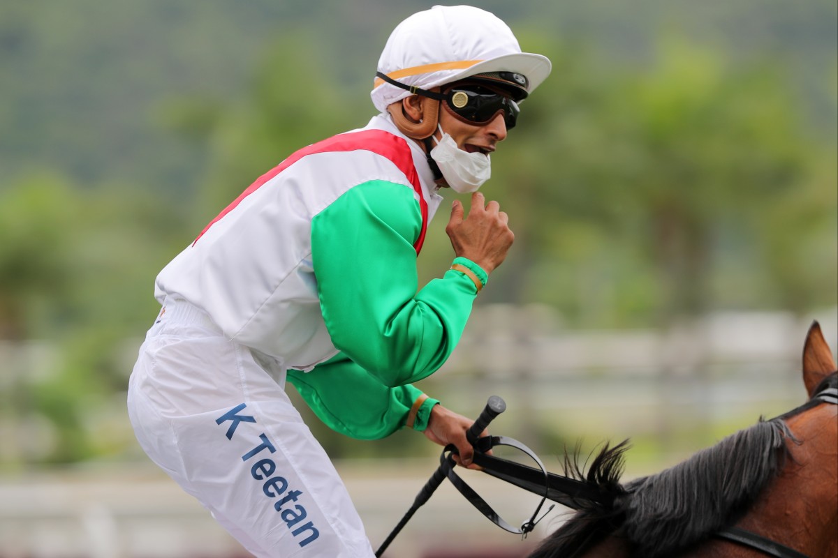 Karis Teetan is all smiles after the win of Good Luck Friend at Sha Tin. Photo: Kenneth Chan