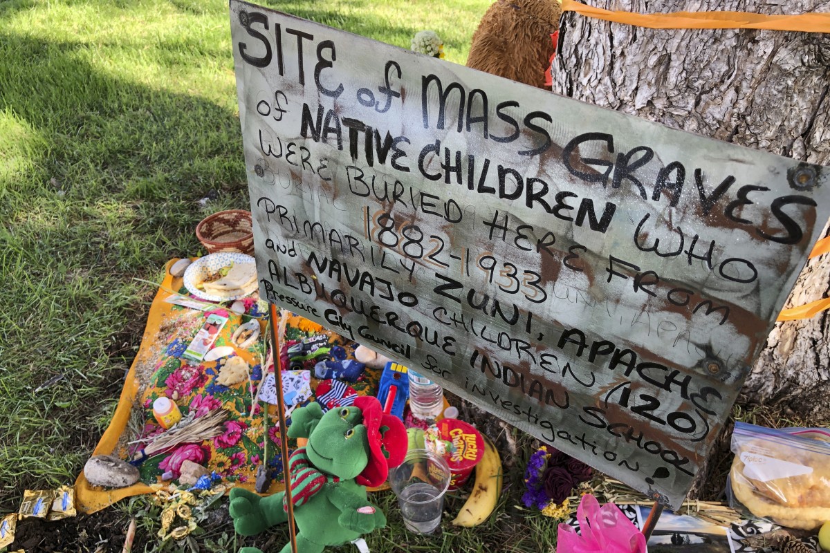 A makeshift memorial for dozens of Indigenous children who died more than a century ago while attending a boarding school at a public park in Albuquerque, New Mexico. Photo: AP