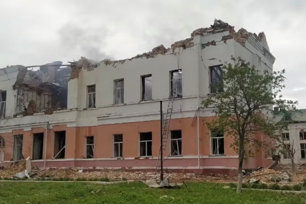 School in Novhorod-Siverskyi, Chernihiv, with blown-out windows and a collapsed roof after it was destroyed by shelling. Photo: Handout via Reuters