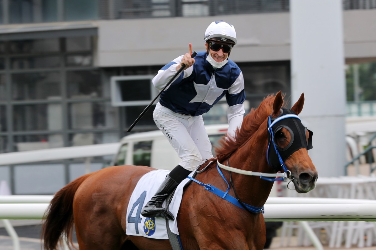 Blake Shinn celebrates after an enterprising front-running ride pays off on The Rock. Photos: Kenneth Chan