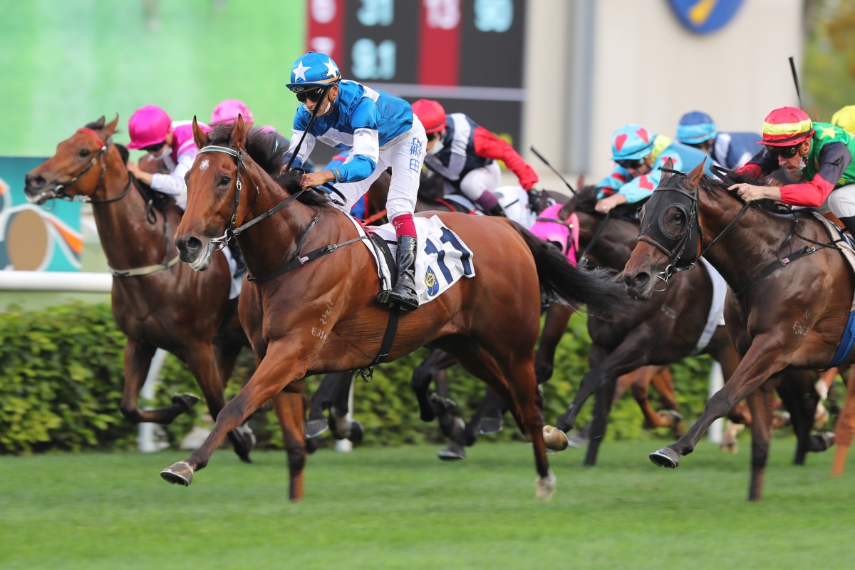 Lucky With You (blue and white silks) storms to victory at Sha Tin last month. Photos: Kenneth Chan