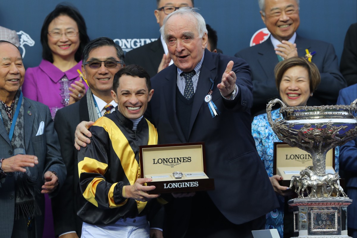 Silvestre de Sousa collects his trophy for winning the Hong Kong Cup aboard Glorious Forever. Photos: Kenneth Chan