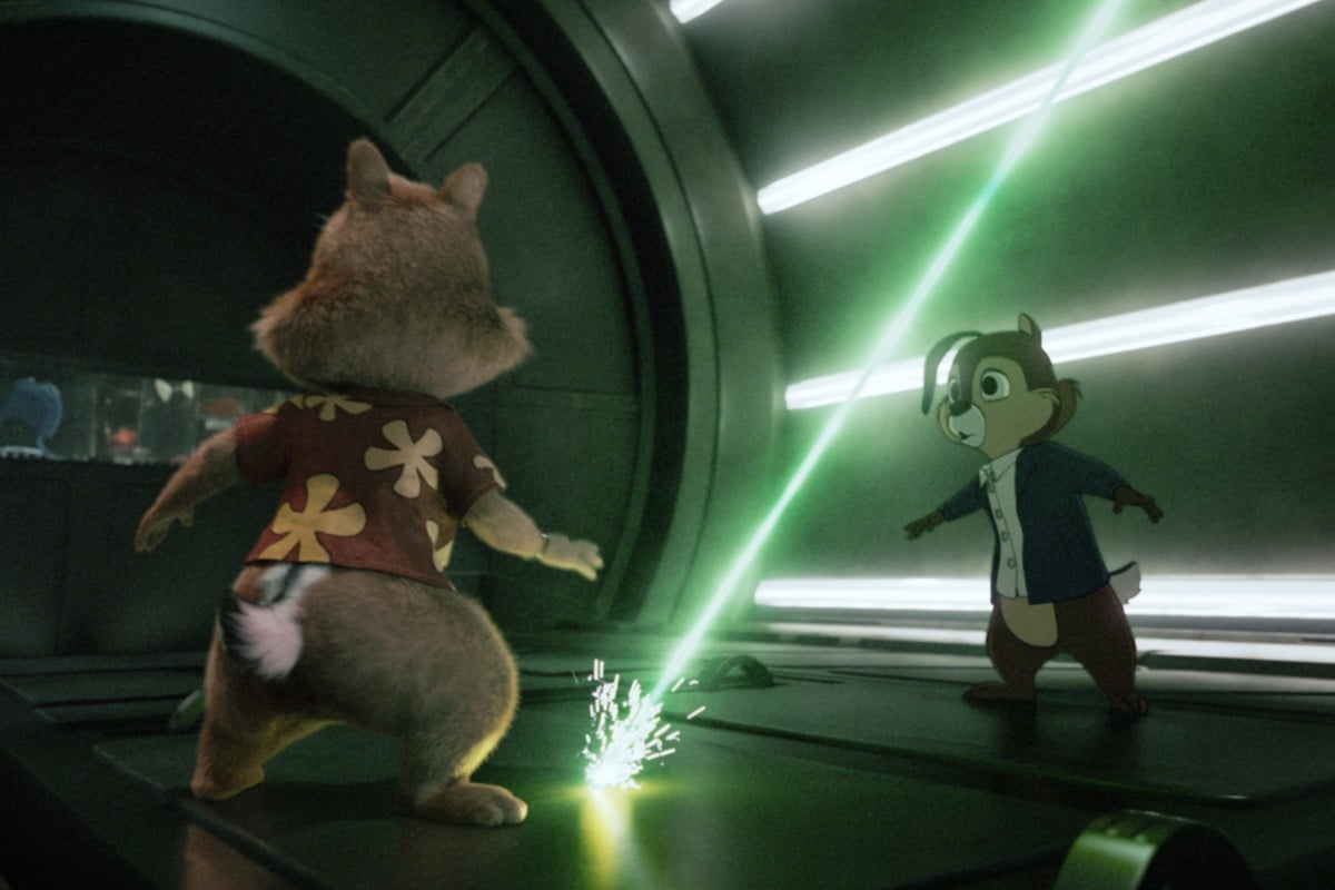 Chip, left, (voiced by John Mulaney) and Dale (voiced by Andy Samberg) in a scene from Disney’s live-action “Chip ‘N Dale: Rescue Rangers,” exclusively on Disney+. Photo: Disney Enterprises, Inc/TNS