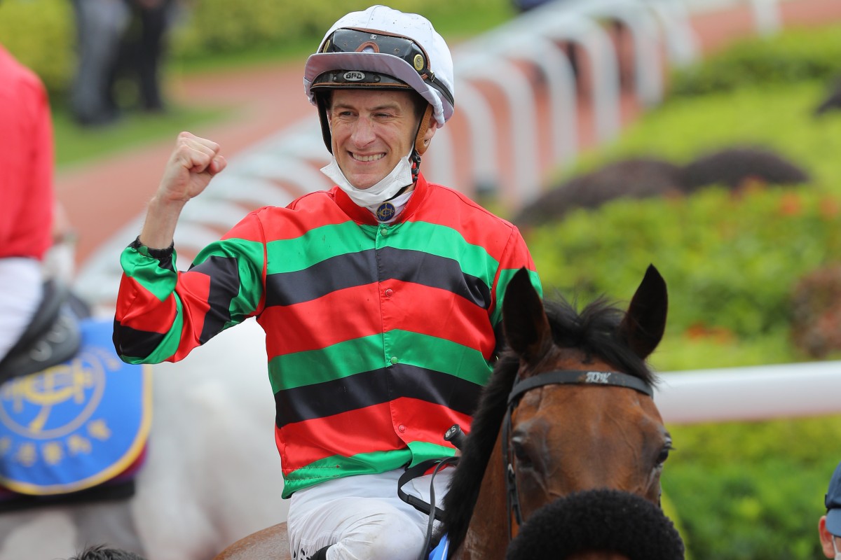 Jockey Blake Shinn celebrates Russian Emperor’s victory in the Champions & Chater Cup at Sha Tin on Sunday. Photos: Kenneth Chan