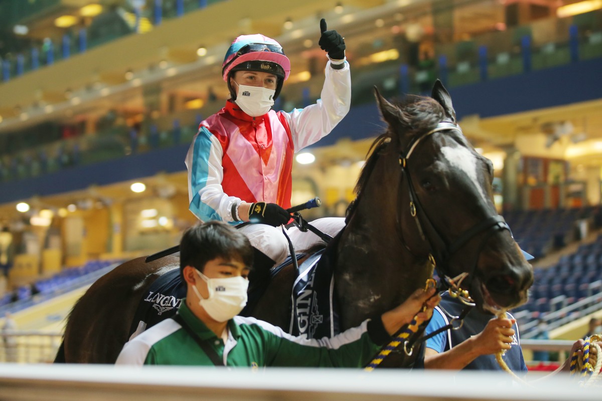 Hollie Doyle celebrates her win in the International Jockeys’ Championship at Happy Valley. Photo: Kenneth Chan