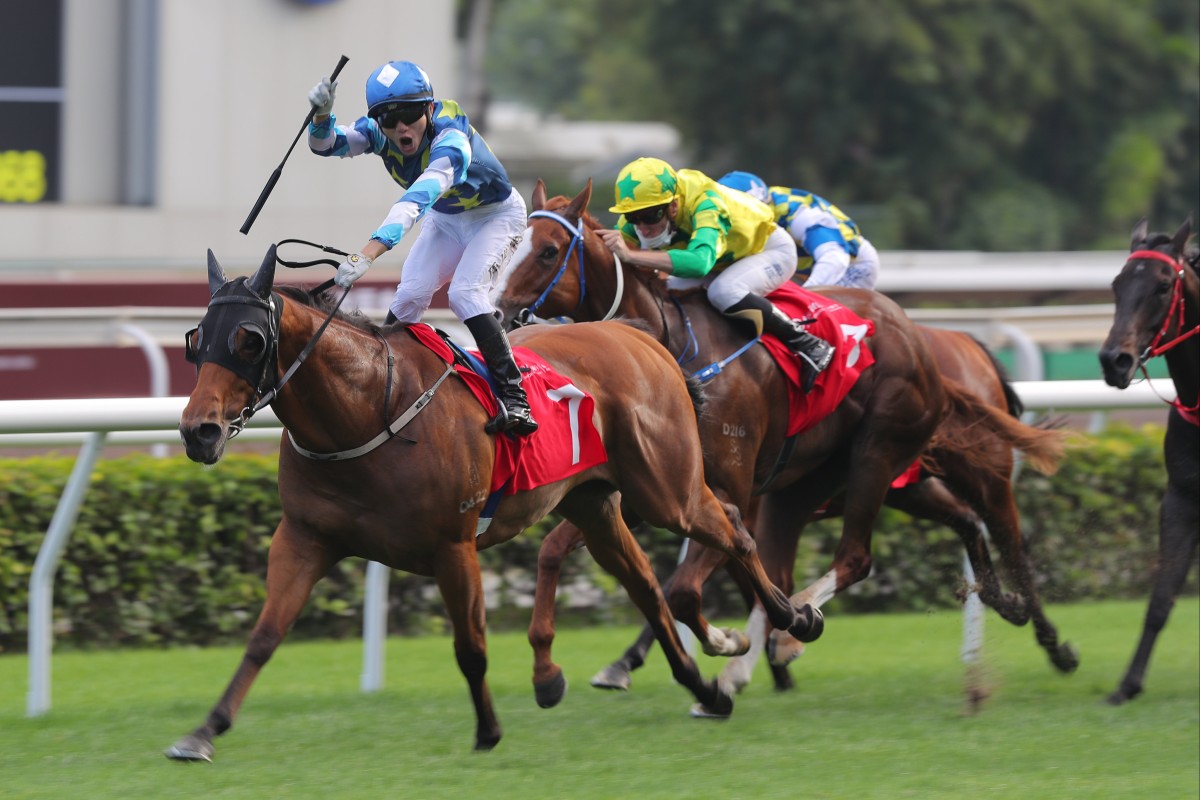 Jerry Chau lands the biggest success of his career on Lucky Patch in the Group Two Jockey Club Sprint. Photos: Kenneth Chan