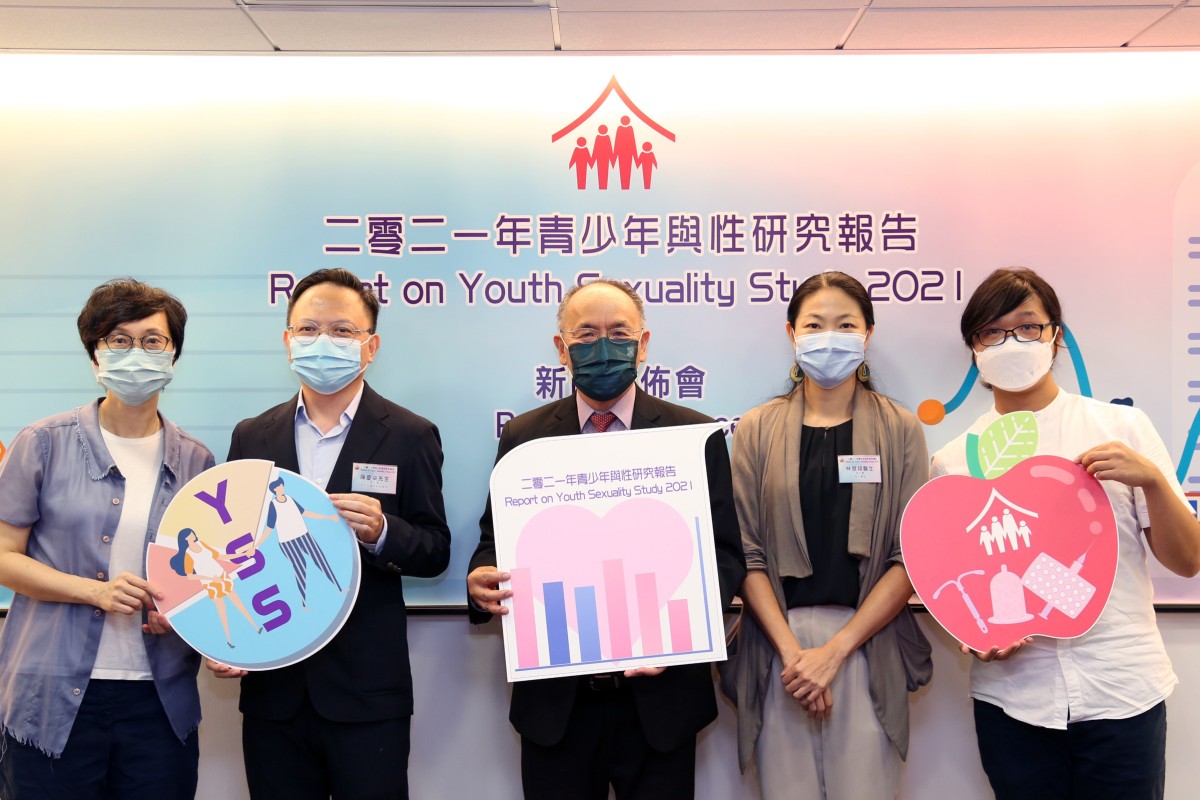 From left: Dr Dau Wong Kit-mui; Sun Chan; Prof Paul Yip; Dr Mona Lam, and Kung Man-chun, the working group on the Youth Sexuality Study 2021. Photo: Handout