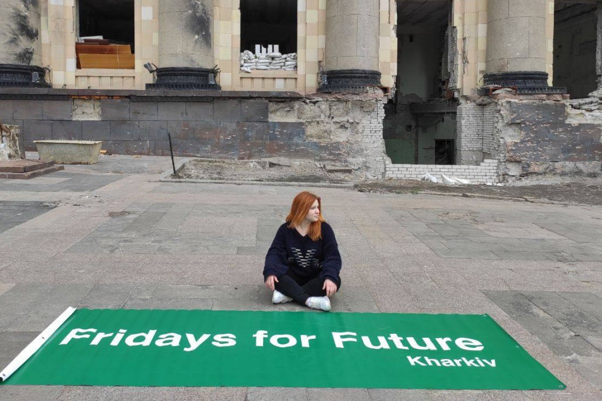 Climate activist Valeriia Bondarieva returned to the building where she used to protest with her peers every Friday before the war. Photo: Handout