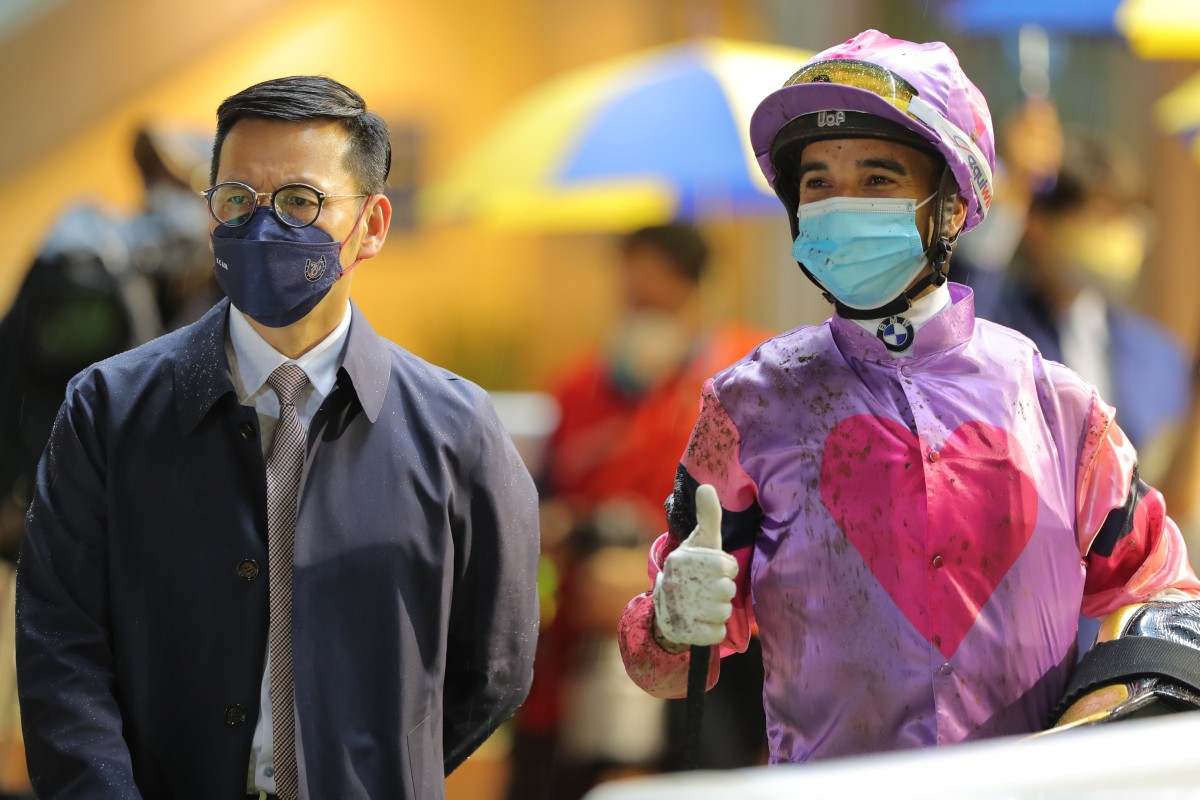 Jockey Joao Moreira with trainer Frankie Lor. Photo: Kenneth Chan