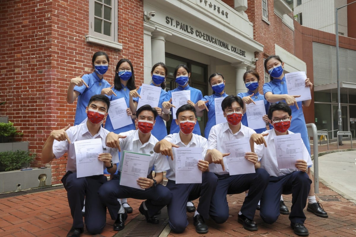St Paul’s Co-educational College students celebrate getting top marks on their International Baccalaureate (IB) exams. Photo: Edmond So