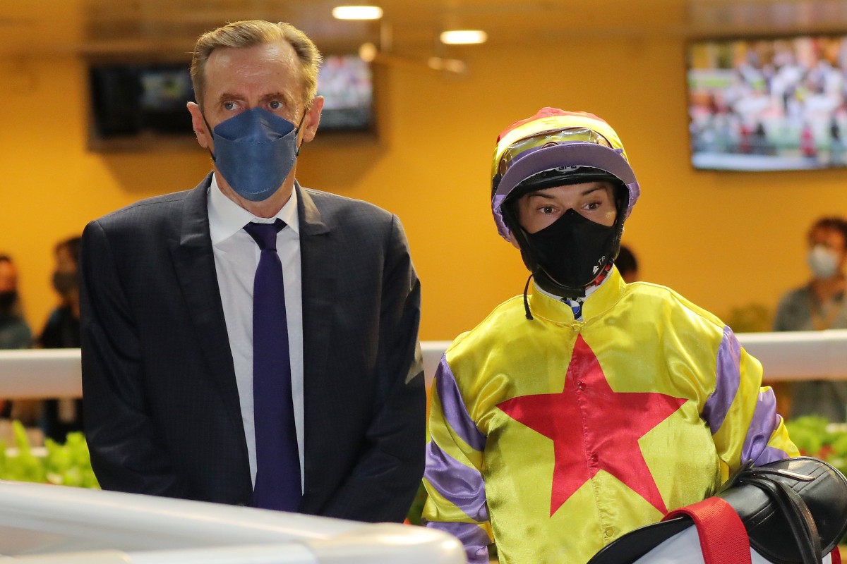 Alexis Badel alongside John Size after riding his 50th winner of the season on Ping Hai Galaxy. Photos: Kenneth Chan.