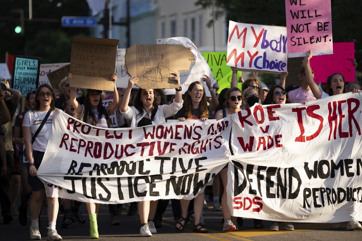 A crowd takes part in a student-led protest in Minneapolis, Minnesota, after the Supreme Court overruled Roe v Wade on Friday, June 24, 2022. Photo: AP