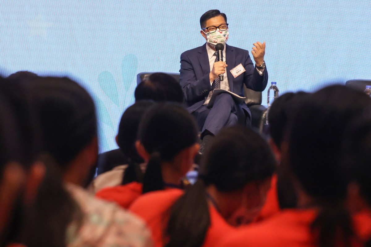 Secretary for Security Chris Tang during an event for secondary school students at the Hong Kong Book Fair 2022 on Sunday. Photo: Nora Tam