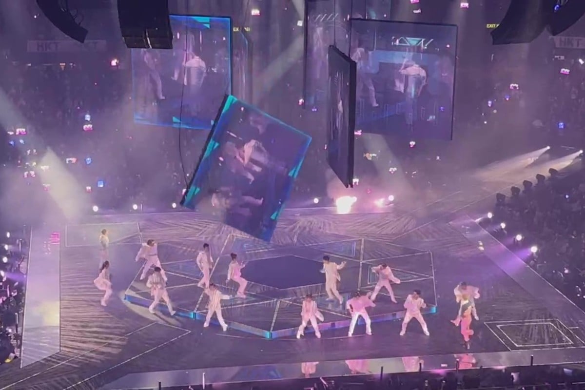 The video screen falls onto the stage at a Mirror concert on Thursday night. Photo: Handout