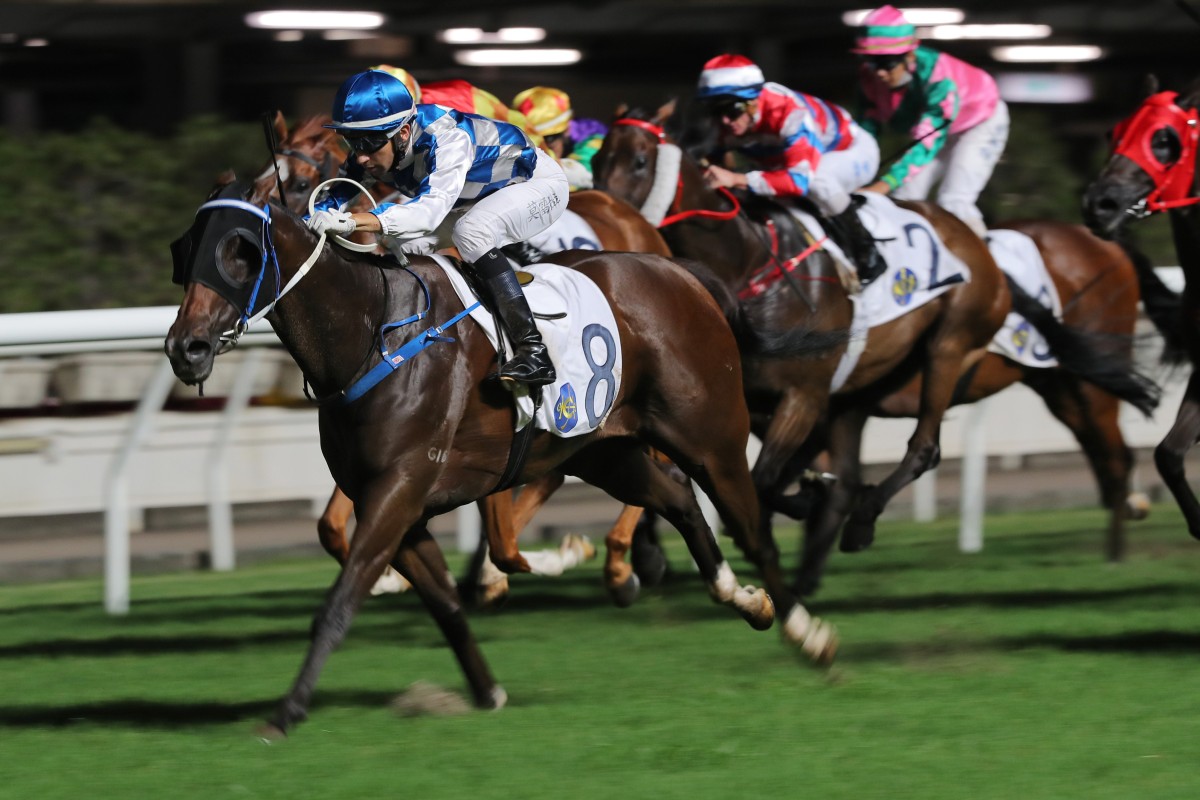 Sugar Sugar, ridden by Joao Moreira, wins at Happy Valley in July. Photo: Kenneth Chan.