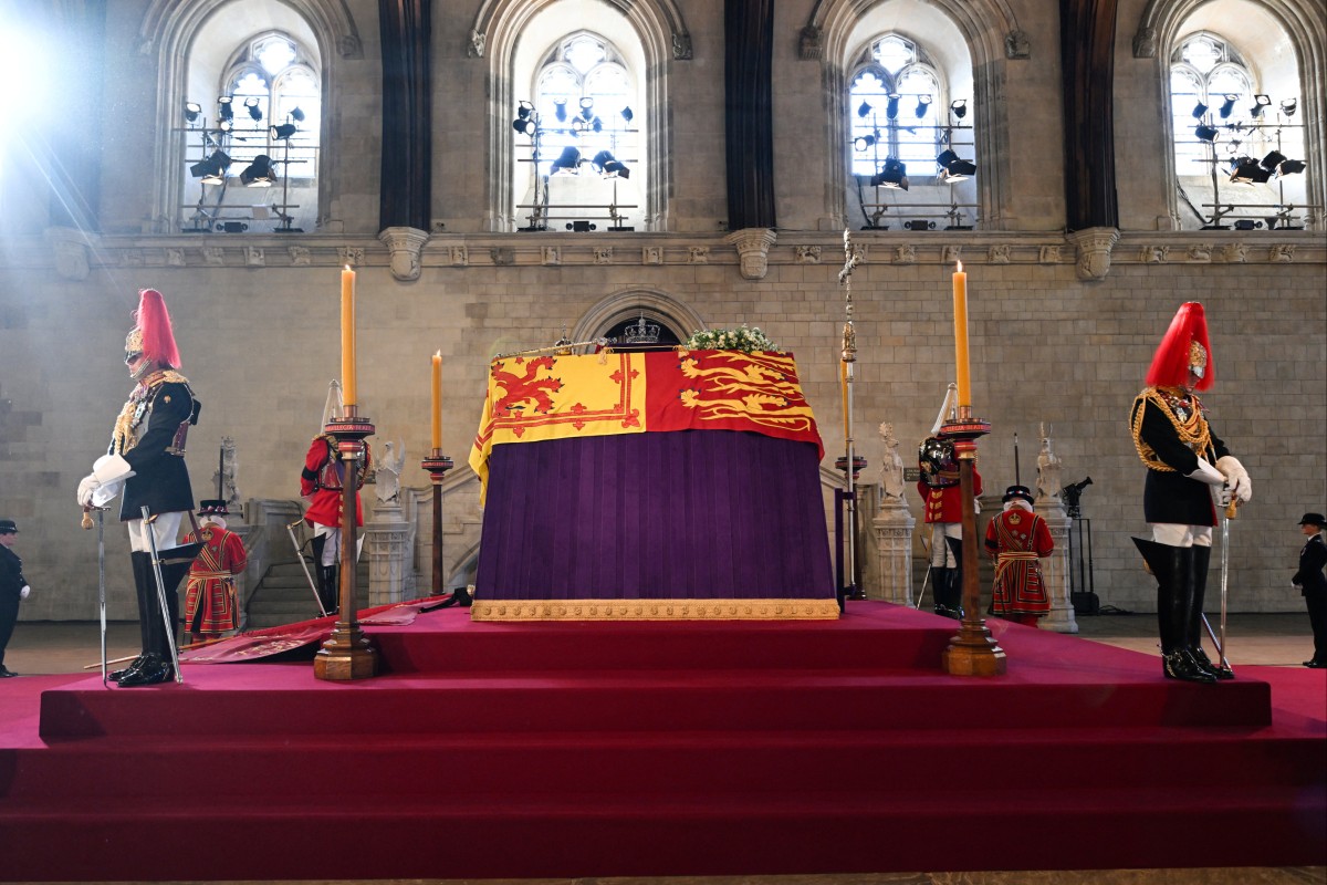 Queen Elizabeth lies in state at Westminster Hall in London. The public can pay their respects until the state funeral on Monday. Photo: UK Parliament/Jessica Taylor/Handout via Reuters.