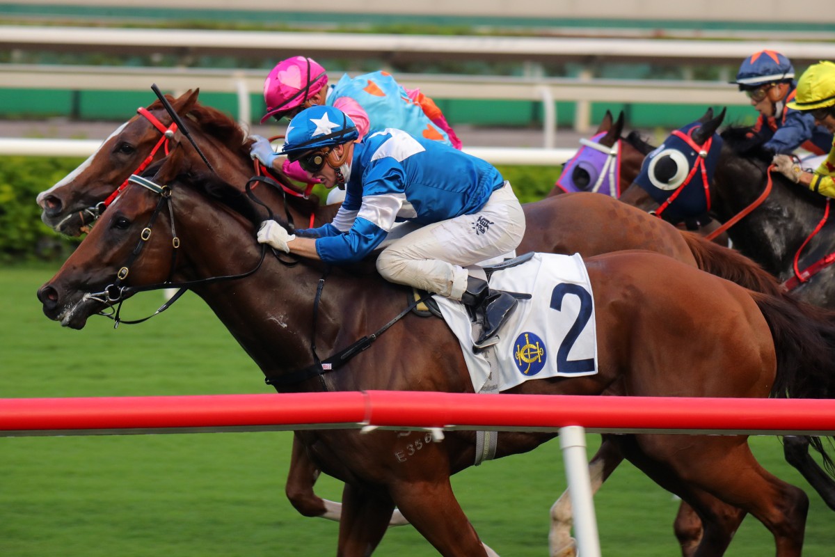 Lucky With You (blue silks) holds off Handsome Bo Bo to win the Class Two Fife Handicap (1,000m) at Sha Tin. Photos: Kenneth Chan