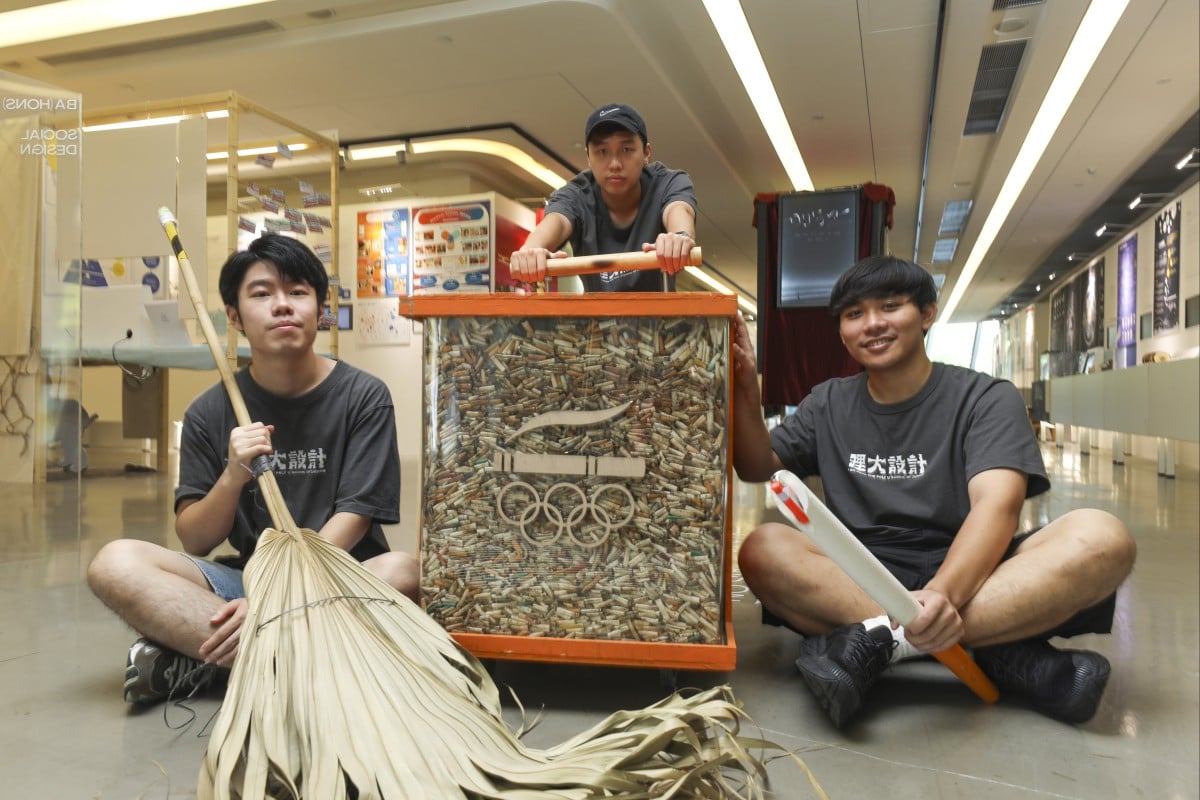 Social design students Oscar Lau (from left), Krson Ho, Sam Tang have collected more than 100,000 cigarette butts as part of their project to raise awareness of littering’s impact on street cleaners. Photo: Xiaomei Chen