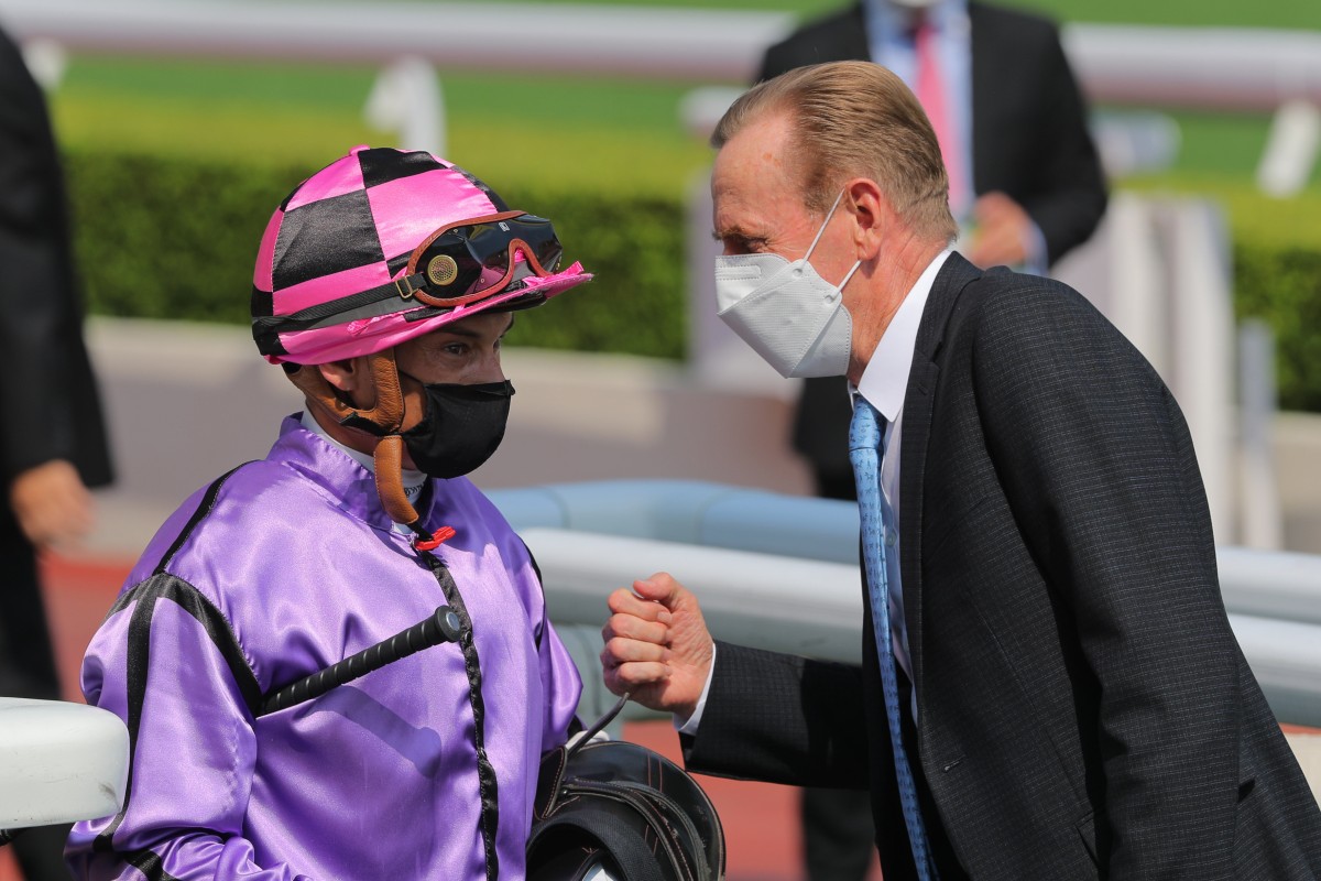 Jockey Alexis Badel and trainer John Size celebrate Sweet Encounter’s debut success at Sha Tin on Sunday. Photos: Kenneth Chan