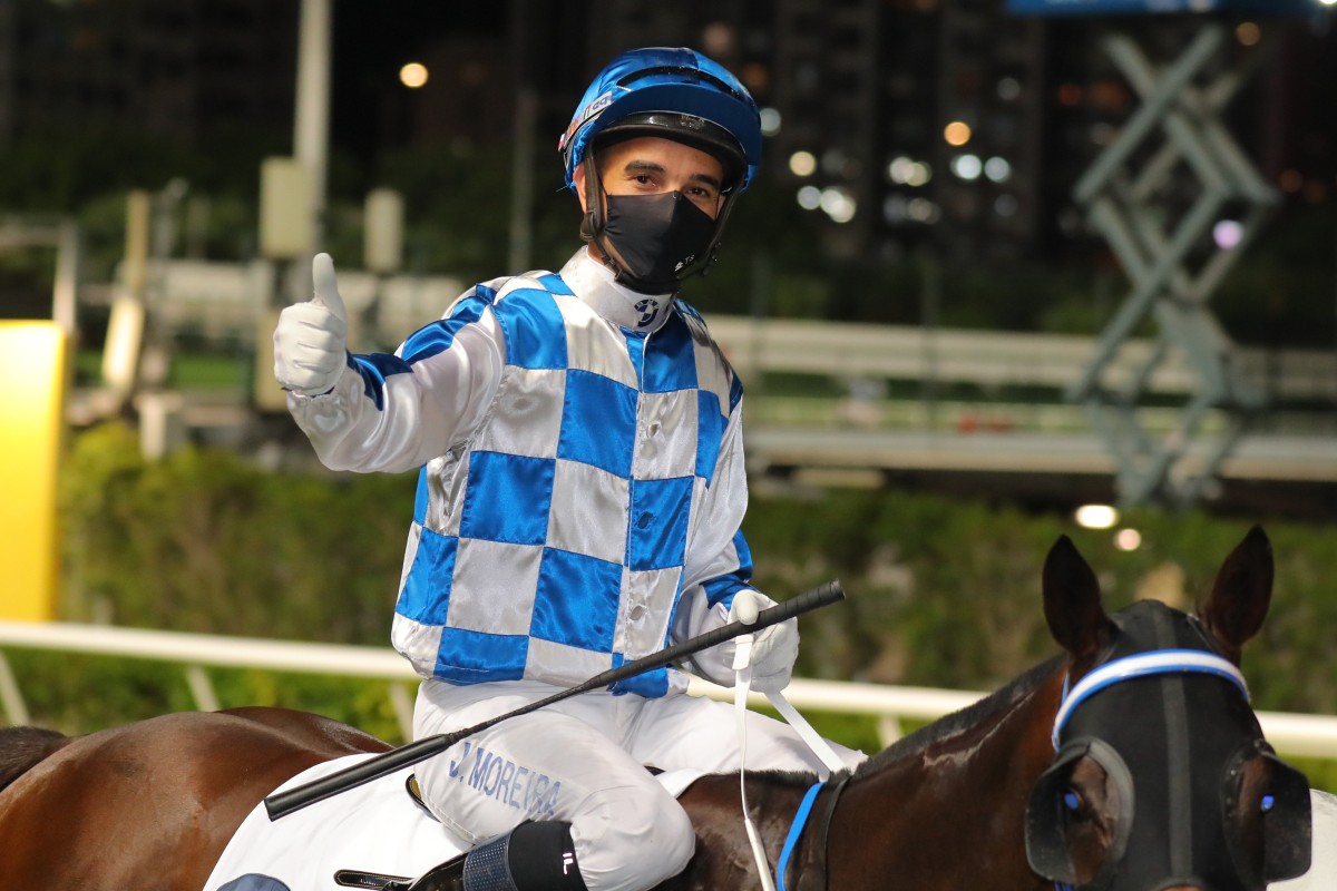 Joao Moreira celebrates a winner. Photos: Kenneth Chan