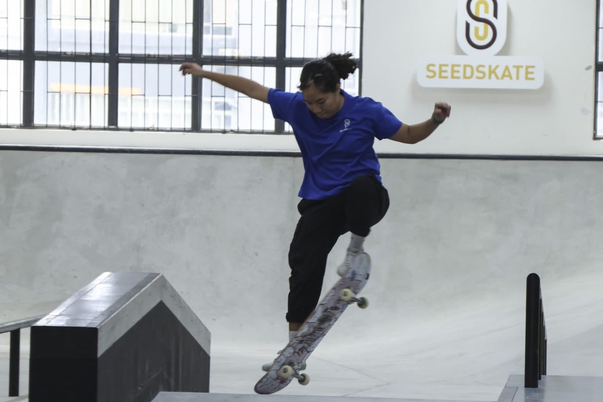 Skateboarding coach Ting Lui practices a trick at SeedSkate at The Mills in Tsuen Wan. Photo: Handout
