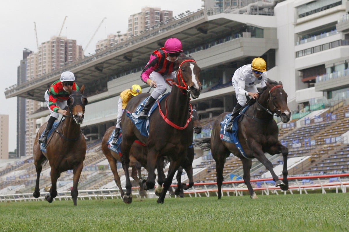 Waikuku (middle) wins January’s Stewards’ Cup ahead of Golden Sixty (right) and Russian Emperor (left). Photo: Kenneth Chan